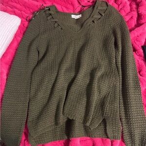 Aeropostale Olive V-Neck Sweater with Lace Detail